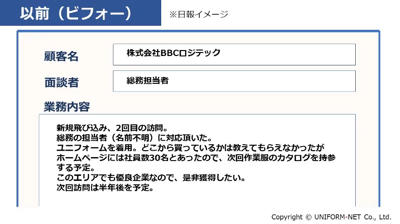 クラウドサービスの活用で「属人的営業」からの脱却 - 日報イメージ（ビフォー）