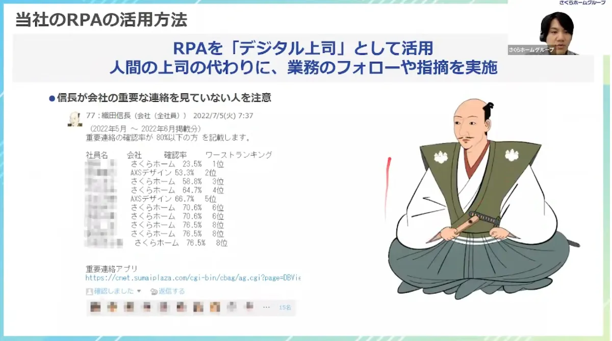 【さくらホームグループ株式会社】デジタル上司の「信長」が社員をマネジメント。生産 - RPAで「デジタル上司・織田信長」を構築