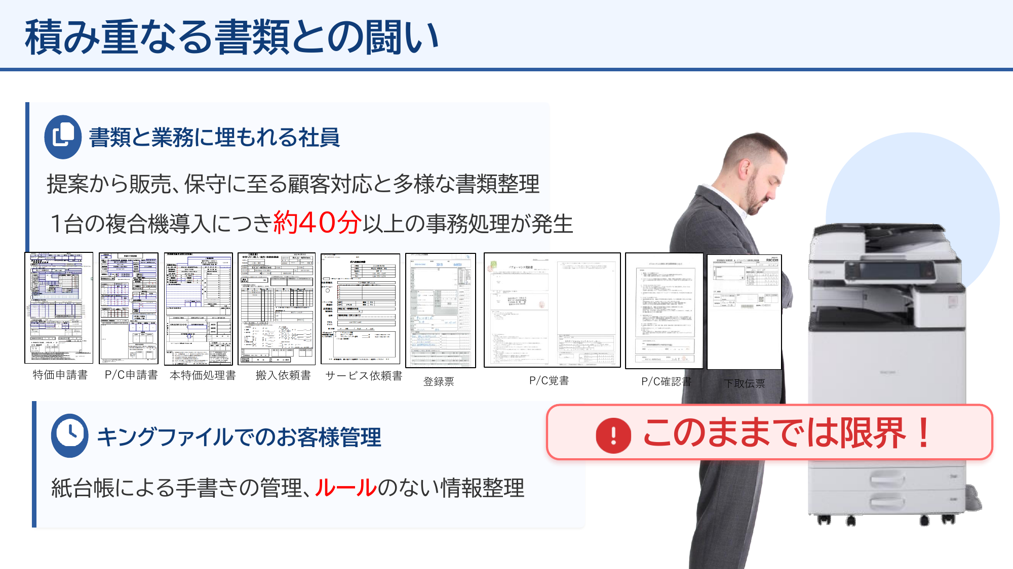 紙の書類が積み重なる従来の業務実態